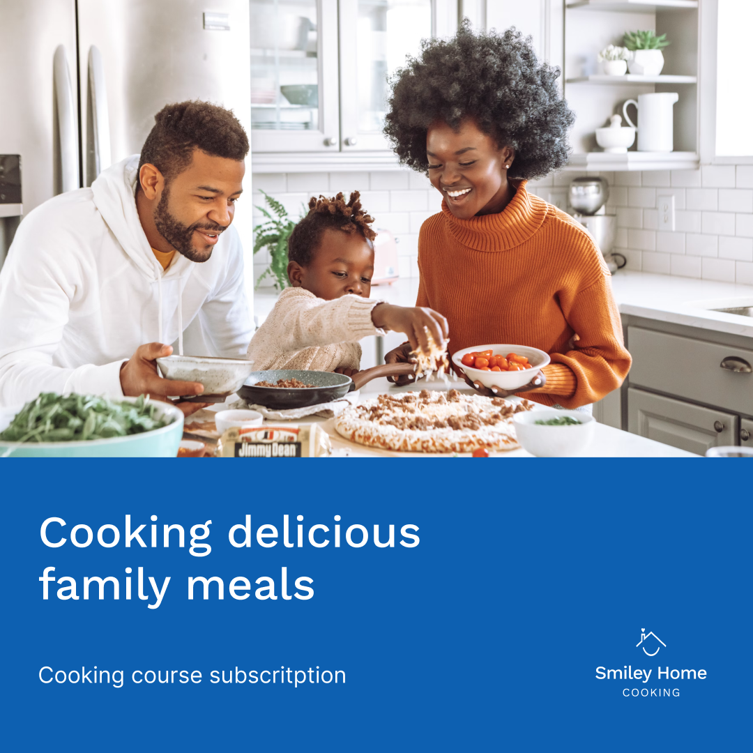 Two adults with a child in a white kitchen, cooking together. Child is preparing pastries.